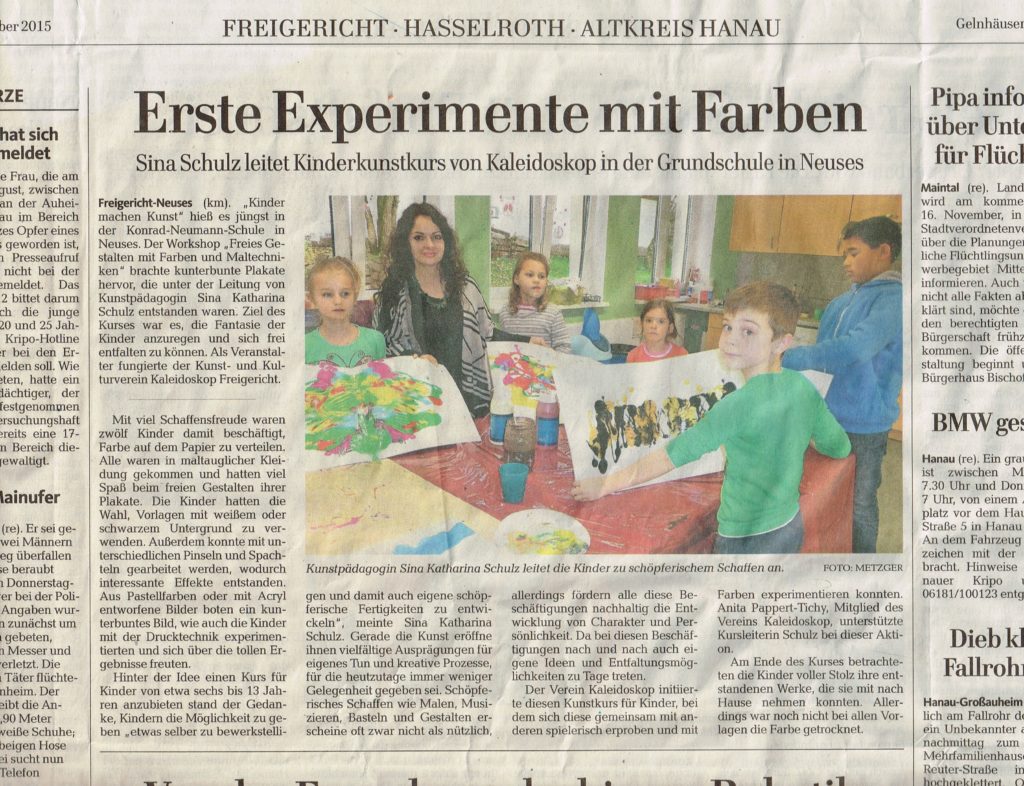 Artikel über Sinas Kinderkunstkurs beim Kaleidoskop vom 14.11.2015